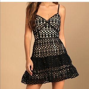 Lulu’s Beauty and Lace Black and Nude Crochet Lace Mini Dress